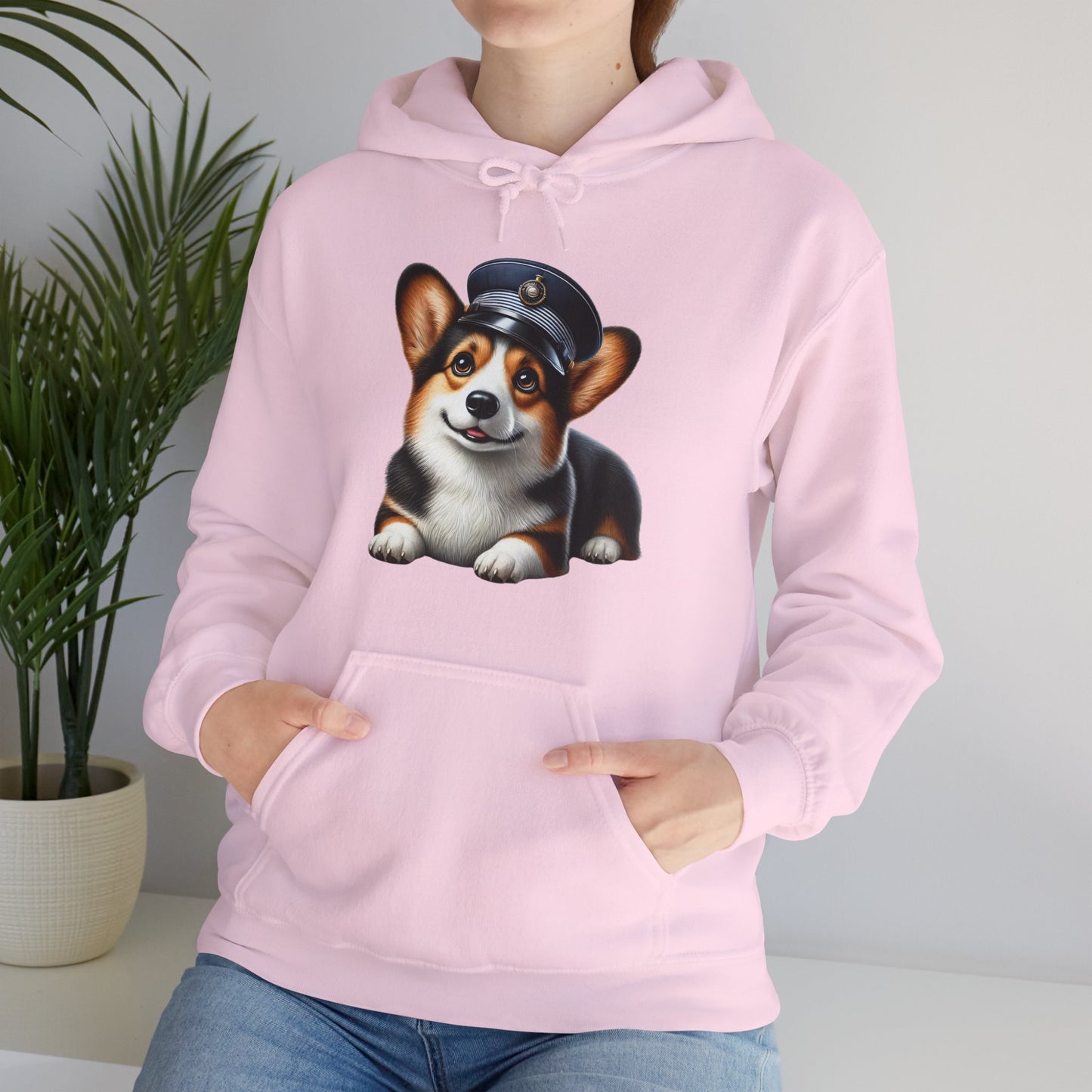 Cute Corgi Wearing A Train Conductors Hat - Adult Hoodie - Too Cute Pets