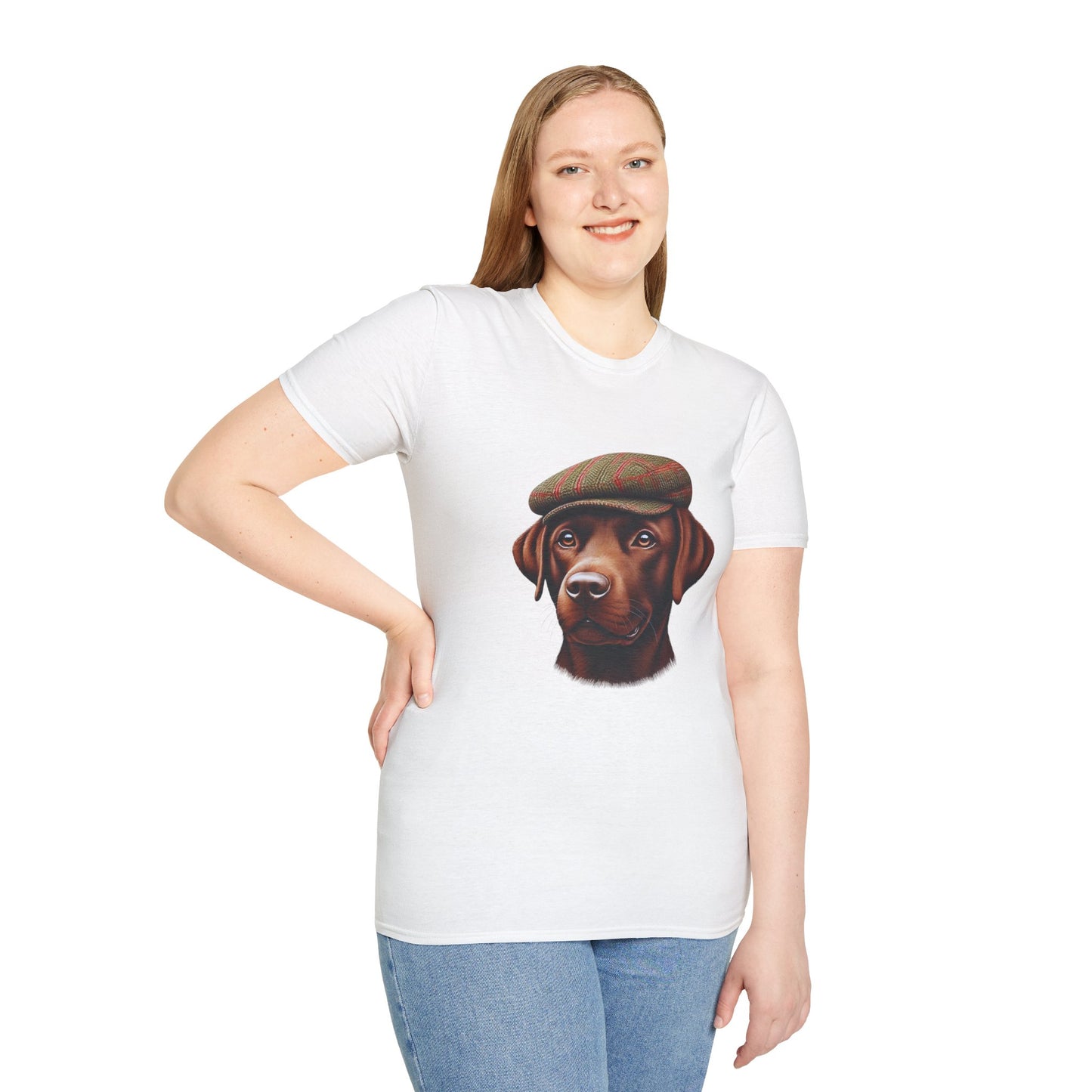 Brown Labrador Wearing Tweed Flat Cap - Adult T-Shirt - Too Cute Pets