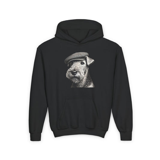 Aerdale Terrier Wearing Tweed Flat Cap (Black and White)-  Youth Hoodie - Too Cute Pets