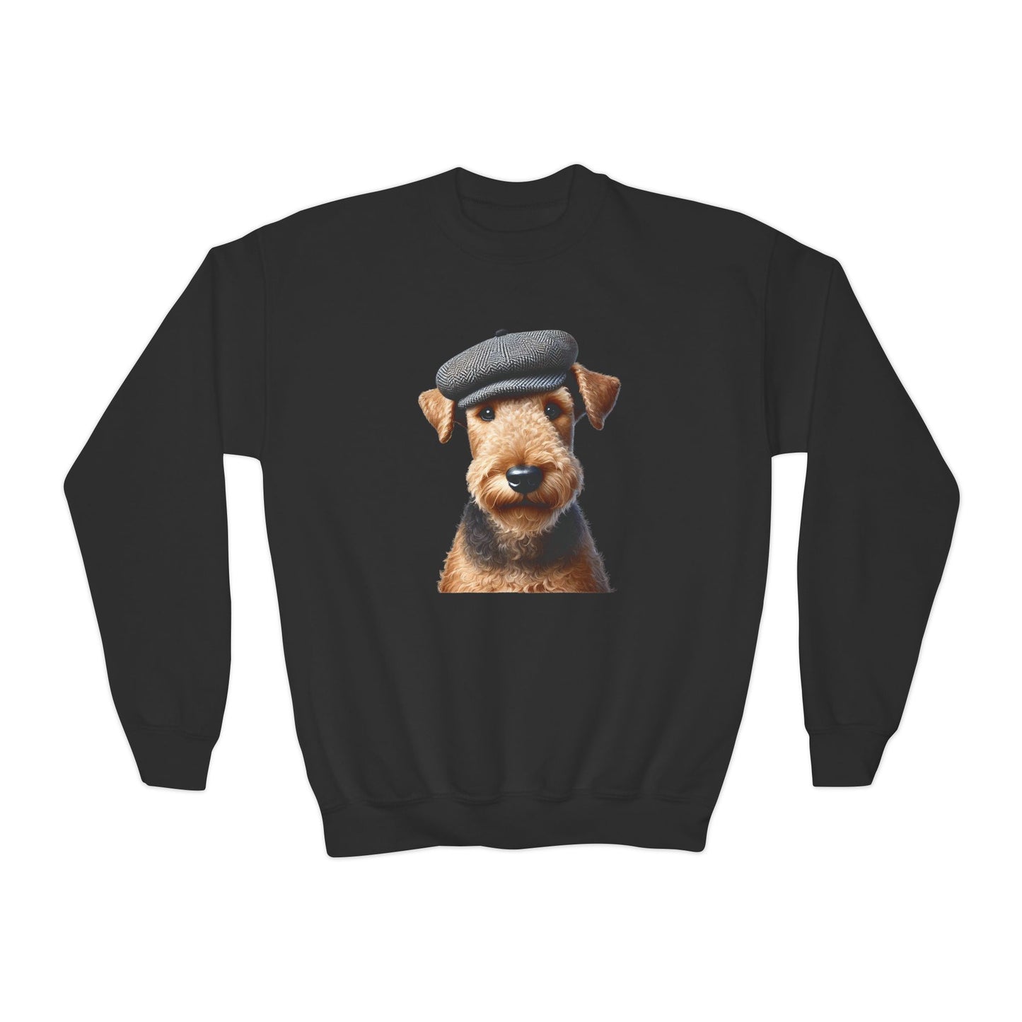 Aerdale Terrier Wearing Tweed Flat Cap- Youth Crewneck Sweatshirt - Too Cute Pets