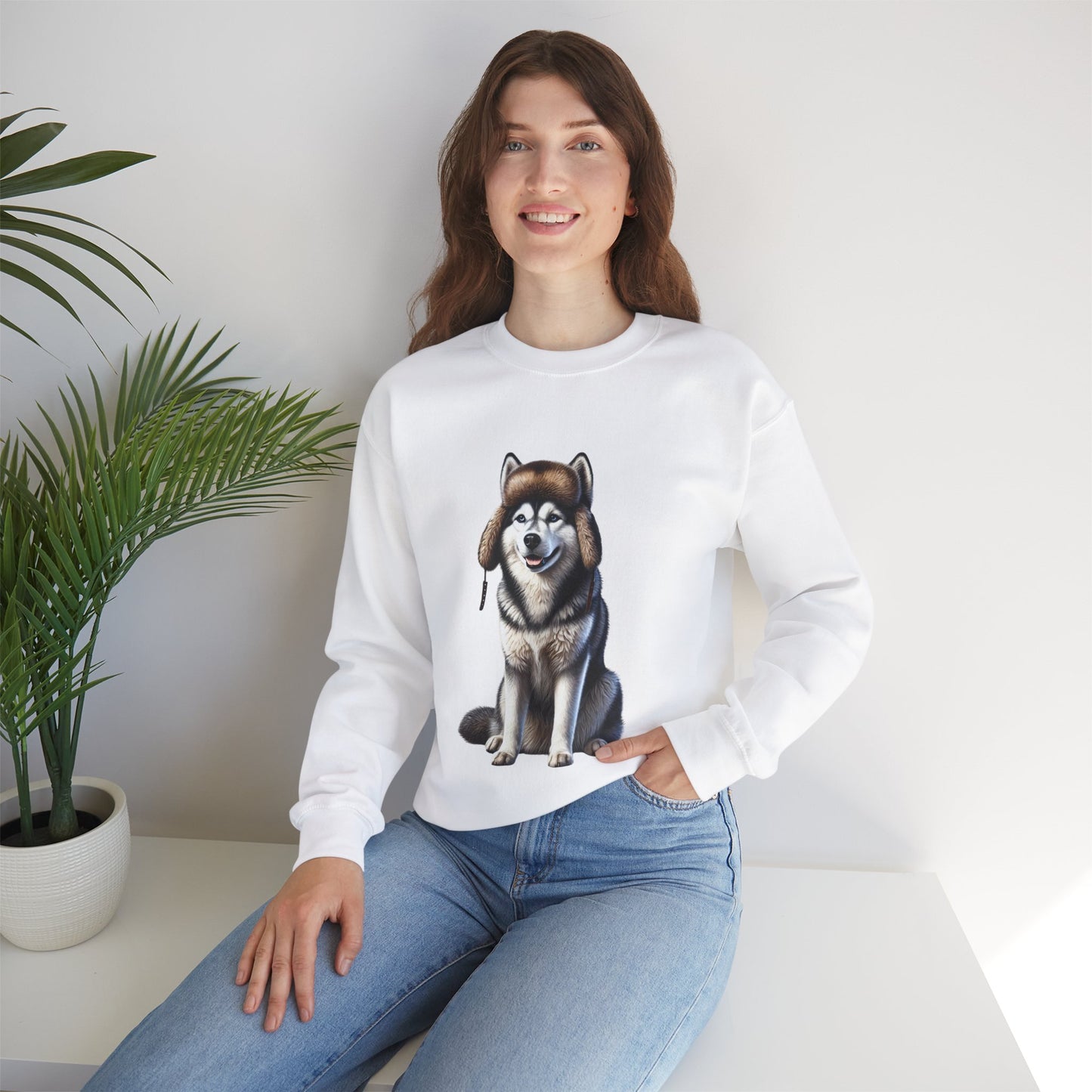 Husky in Fur Trappers Hat - Adult Crewneck Sweatshirt - Too Cute Pets