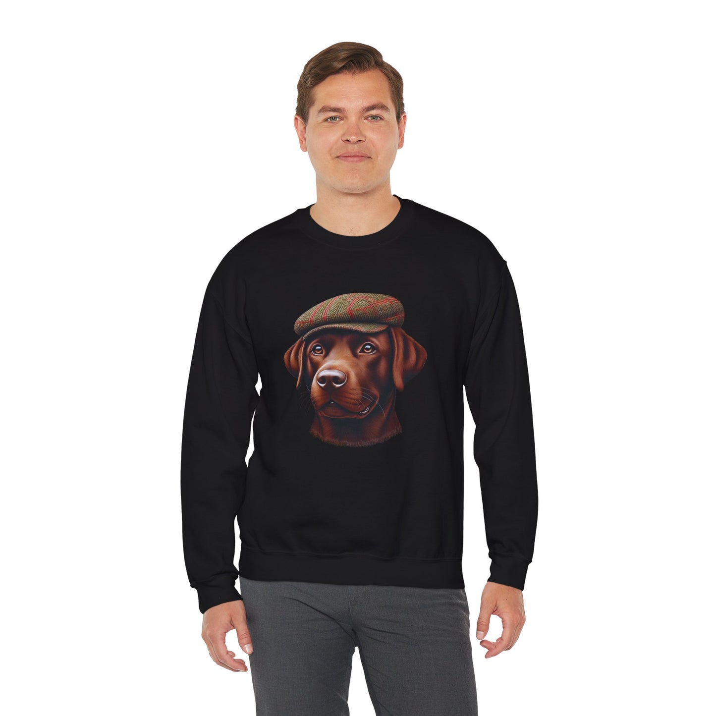 Brown Labrador Wearing Tweed Flat Cap- Adult Crewneck Sweatshirt - Too Cute Pets