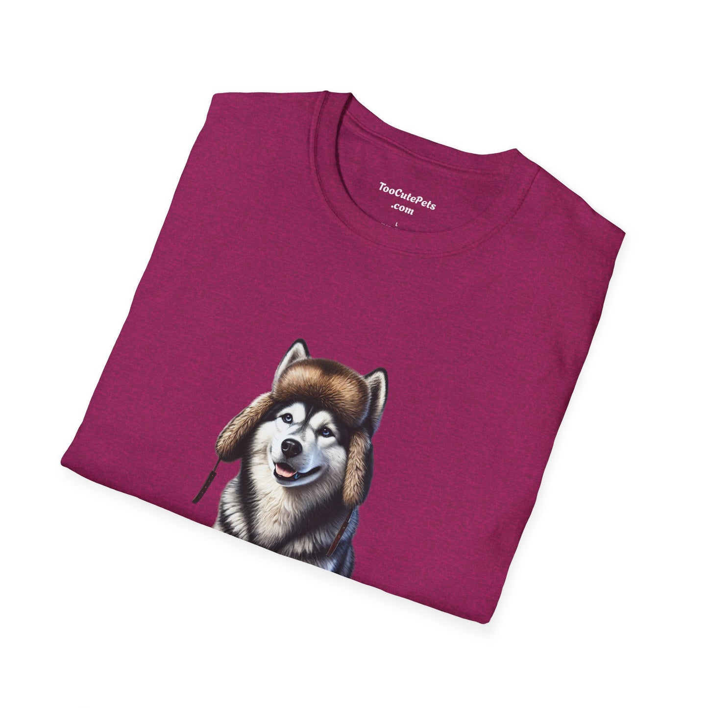 Husky Wearing A Fur Trappers hat- Adult T-Shirt - Too Cute Pets