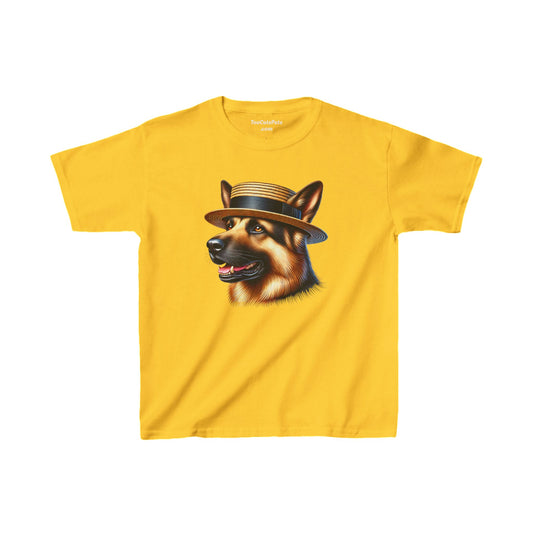 German Shepherd Wearing Boater Hat Youth T-Shirt - Too Cute Pets