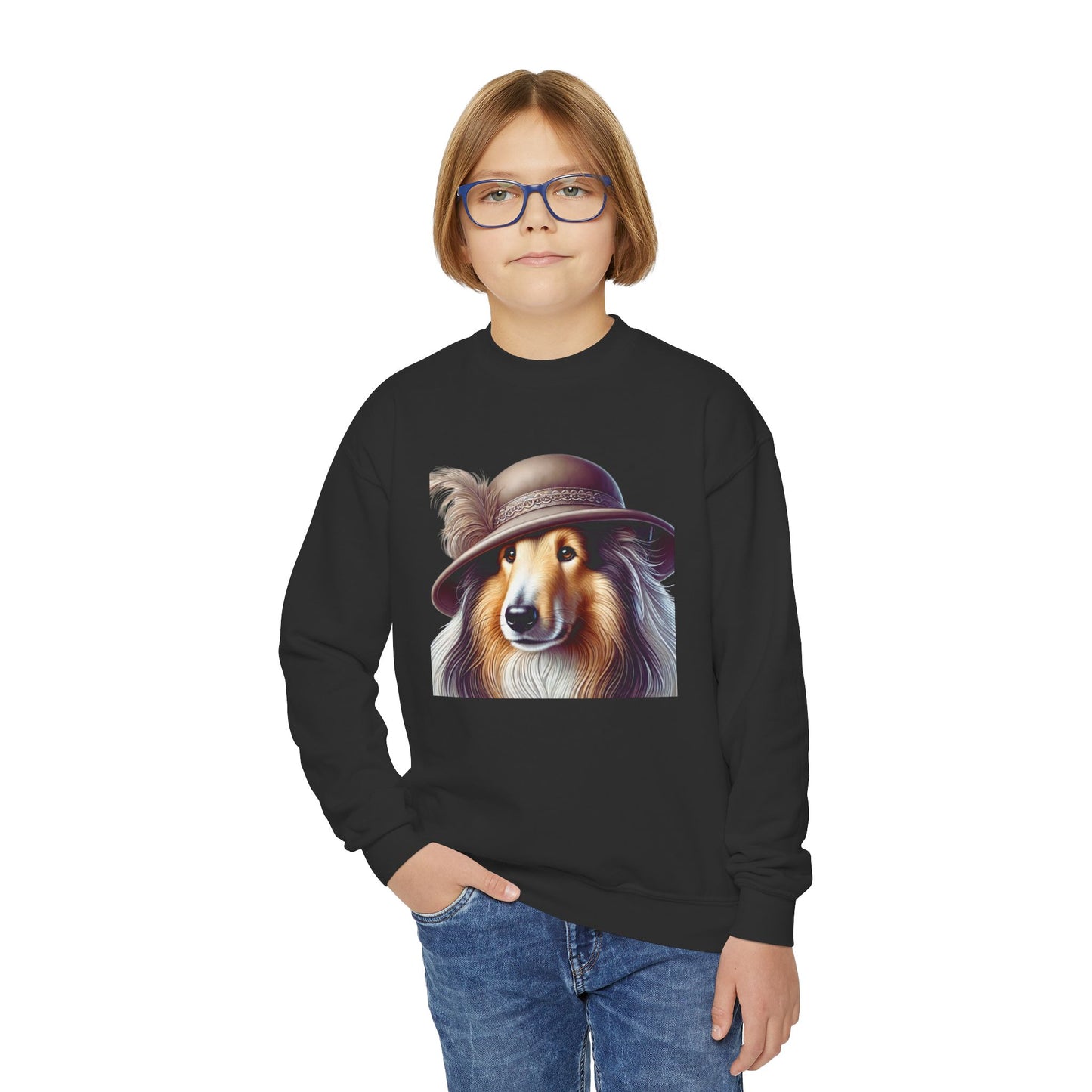 Collie In Cloche Hat- Youth Crewneck Sweatshirt - Too Cute Pets