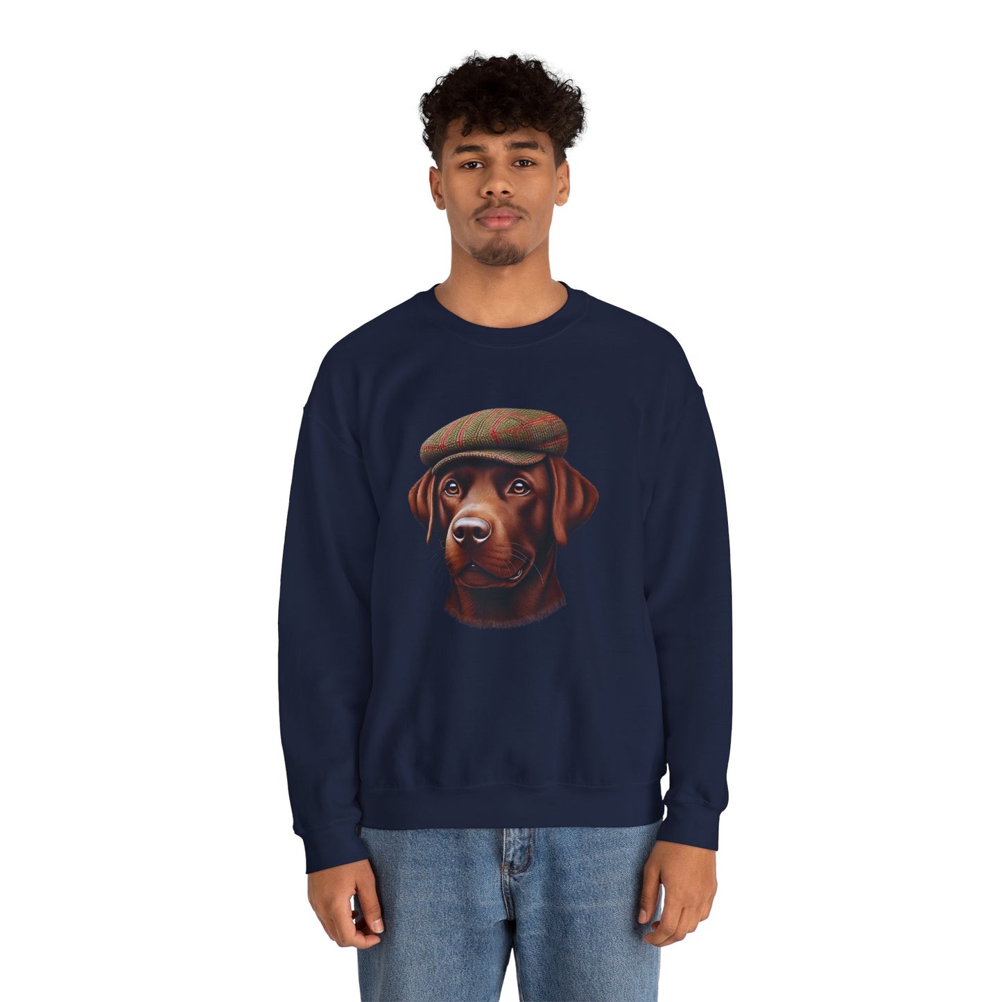 Brown Labrador Wearing Tweed Flat Cap- Adult Crewneck Sweatshirt - Too Cute Pets