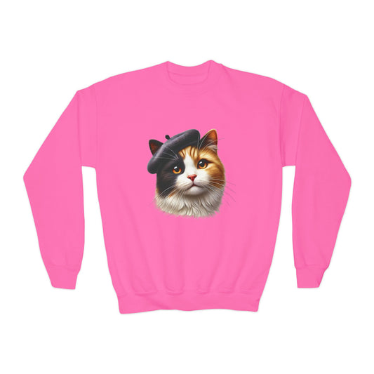 Calico Cat Wearing Beret Sweatshirt - Youth Crewneck Sweatshirt - Too Cute Pets