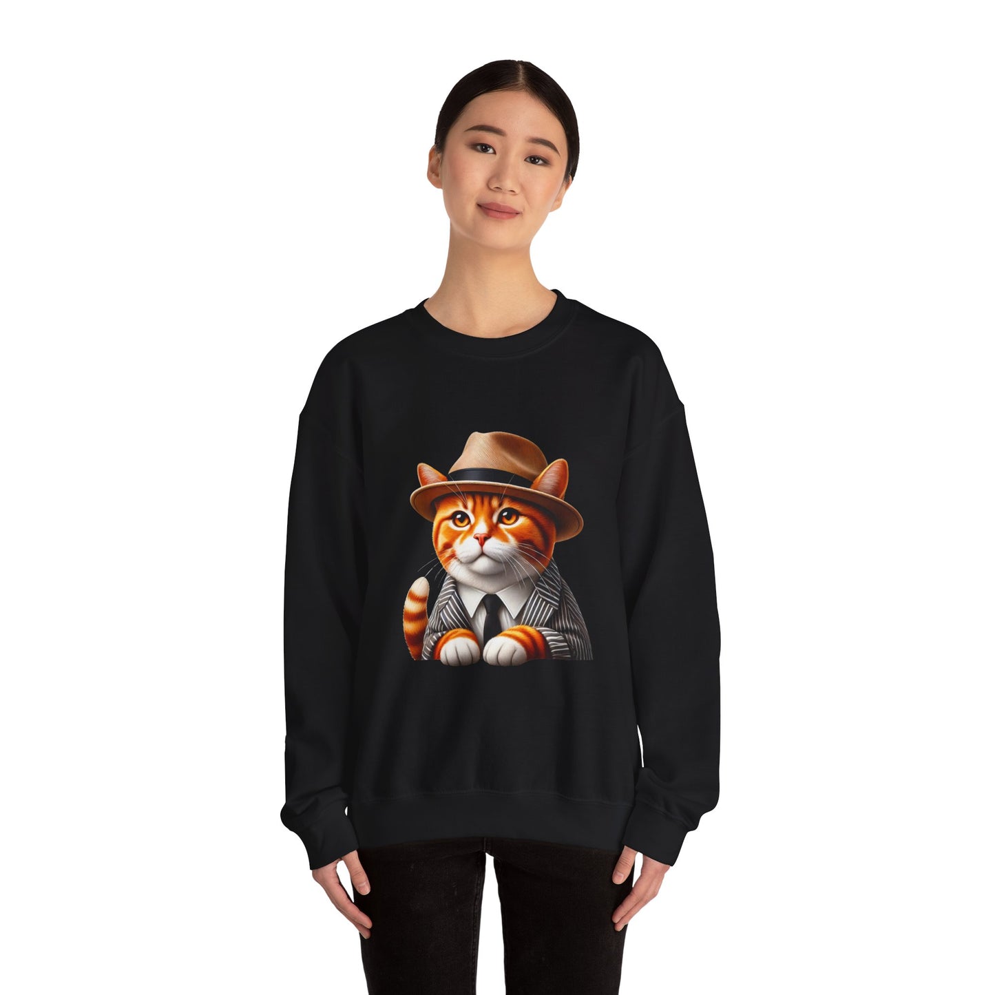 Tabby Cat Wearing A Fedora And Suit - Adult Crewneck Sweatshirt - Too Cute Pets