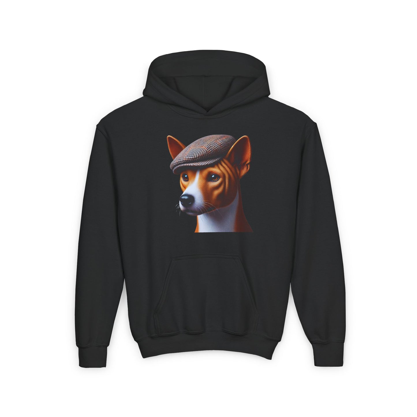 Basenji With Tweed Flat Cap - Hooded Youth Sweatshirt - Too Cute Pets