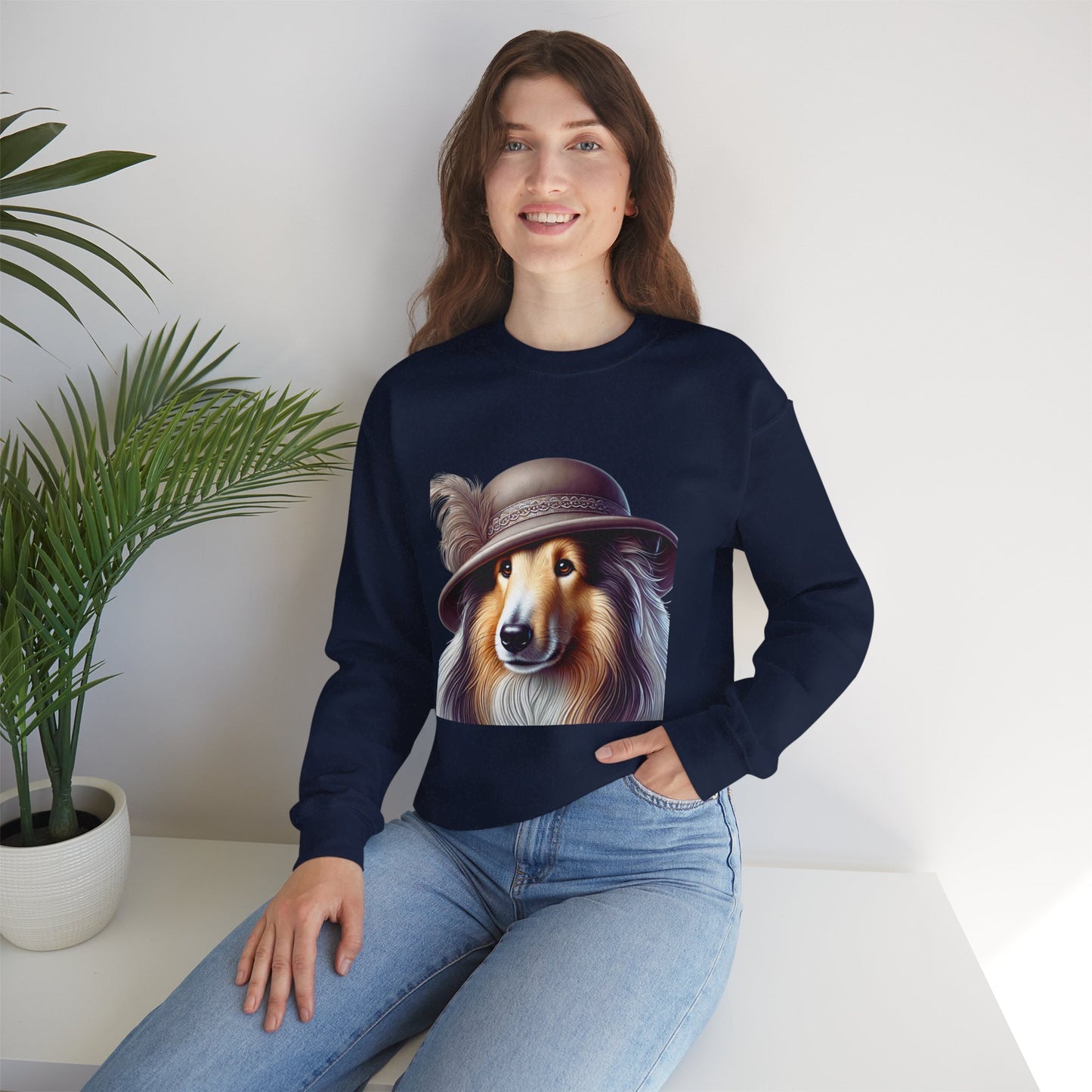 Collie Wearing Cloche Hat - Adult Crewneck Sweatshirt - Too Cute Pets