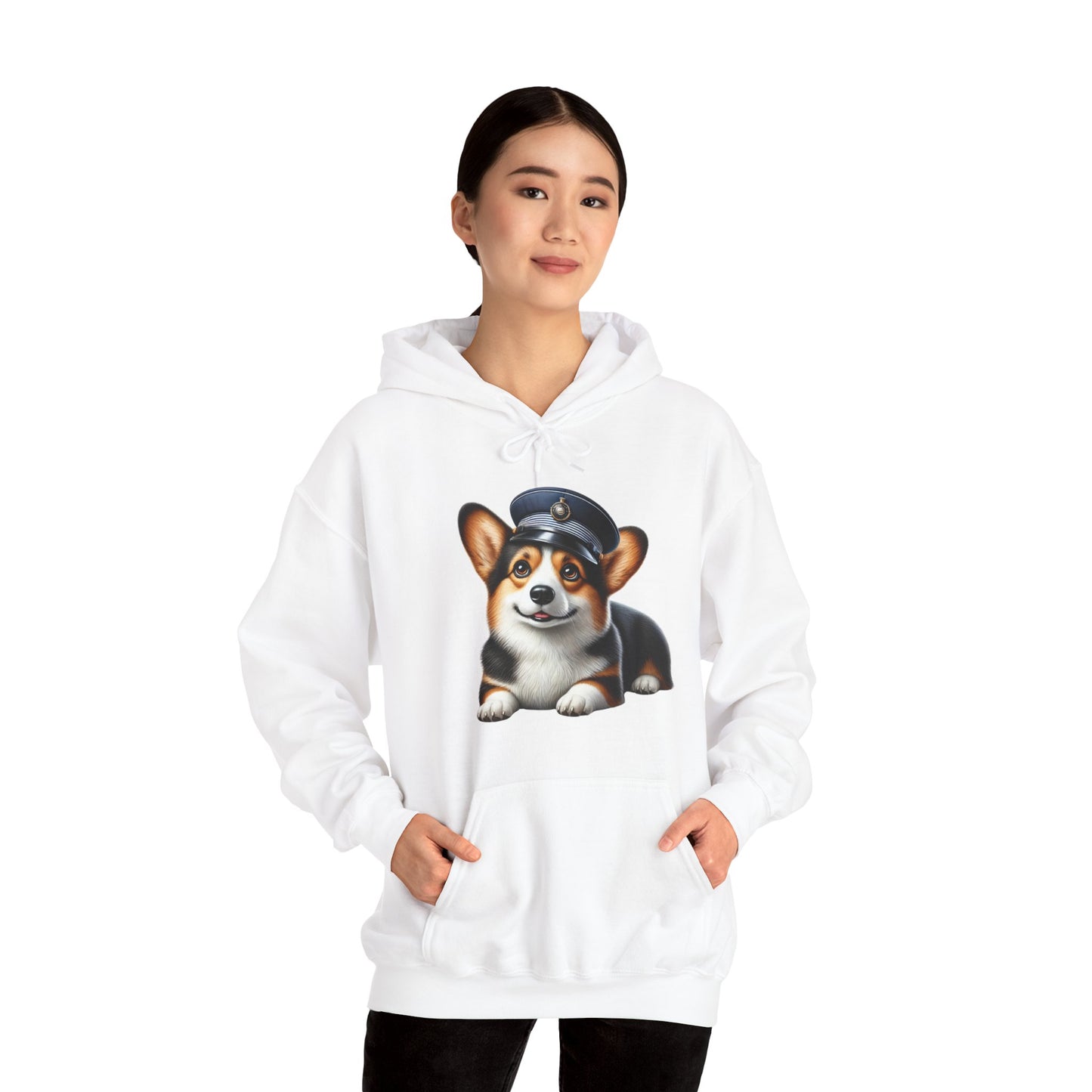 Cute Corgi Wearing A Train Conductors Hat - Adult Hoodie - Too Cute Pets