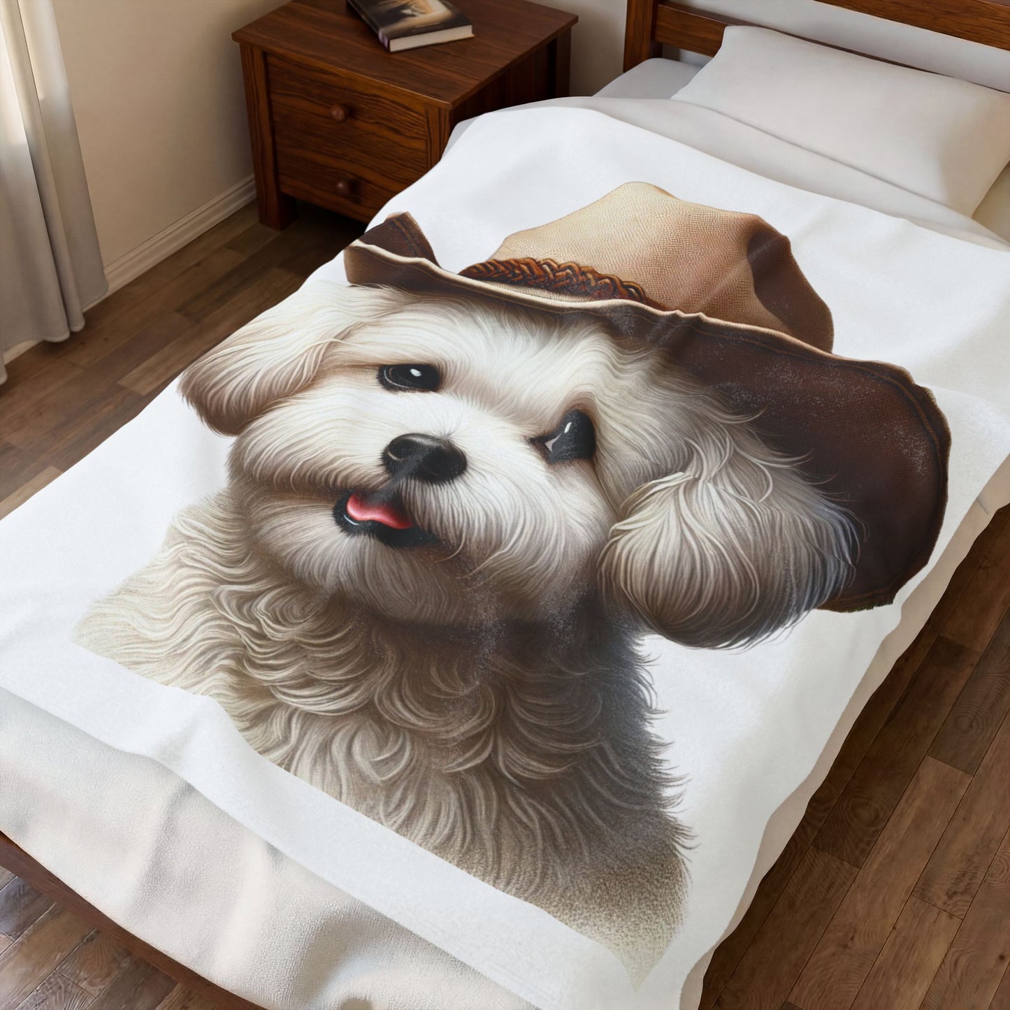 Maltese Wearing a Cowgirl Hat - Sherpa Blanket