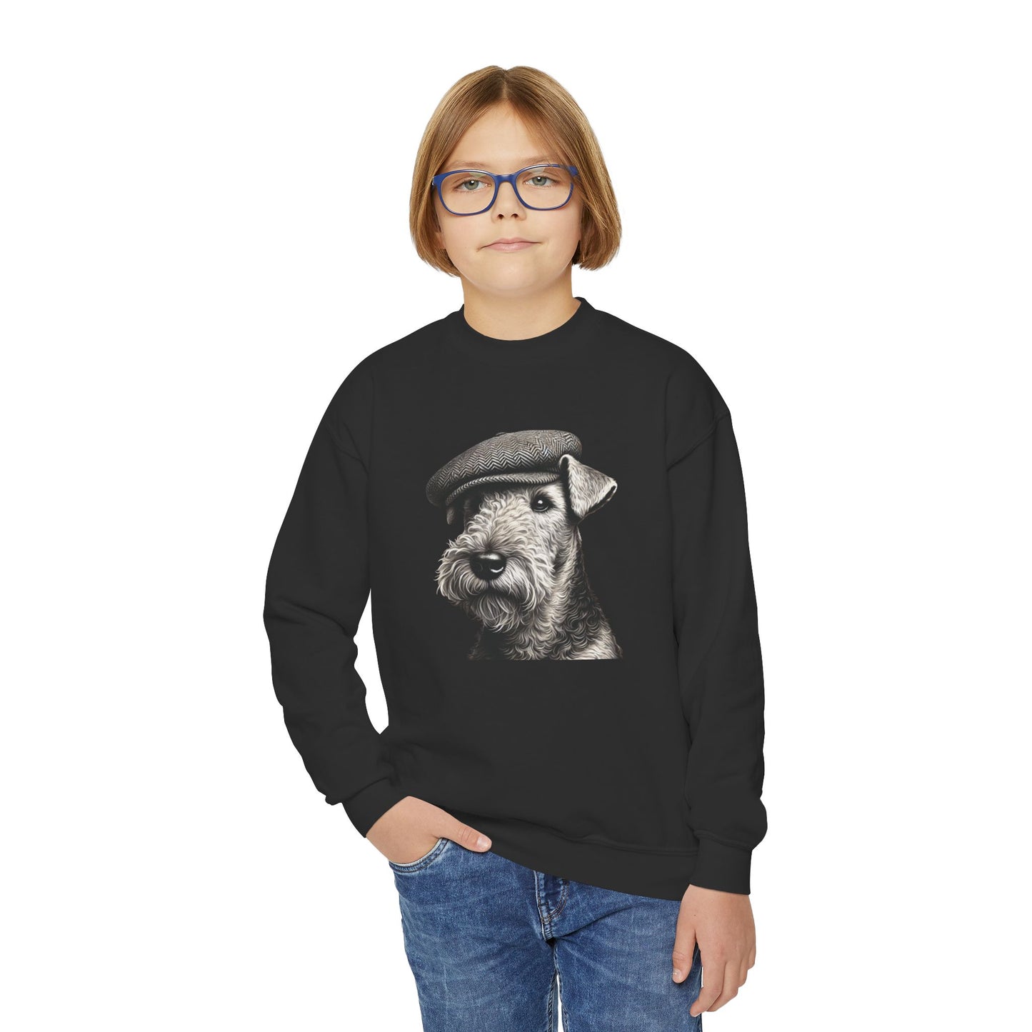 Airedale Terrier Wearing Tweed Flat Cap (Black & White) Youth Crewneck Sweatshirt - Too Cute Pets