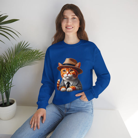Tabby Cat in Fedora & Suit – Adult Unisex Crewneck Sweatshirt