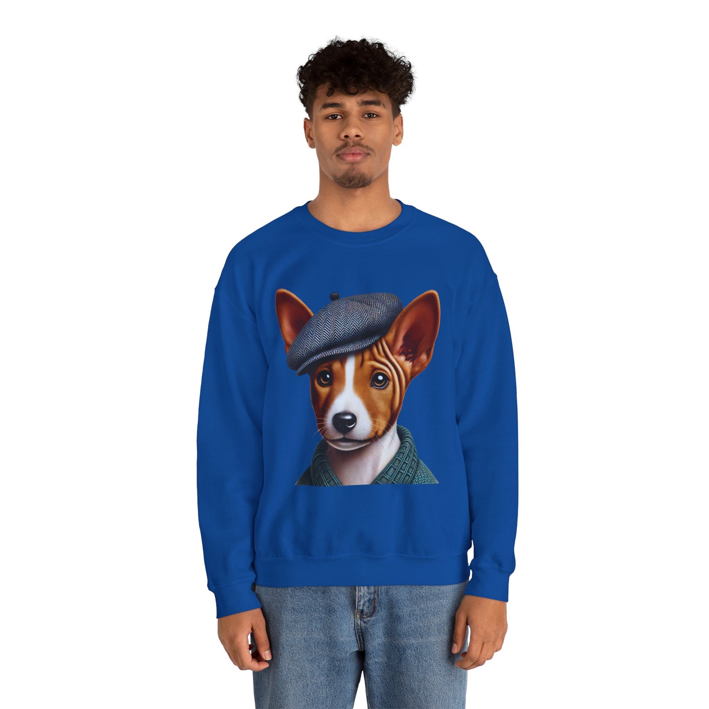 Cute Basenji Pup Wearing Tweed Flat Cap- Adult Crewneck Sweatshirt - Too Cute Pets