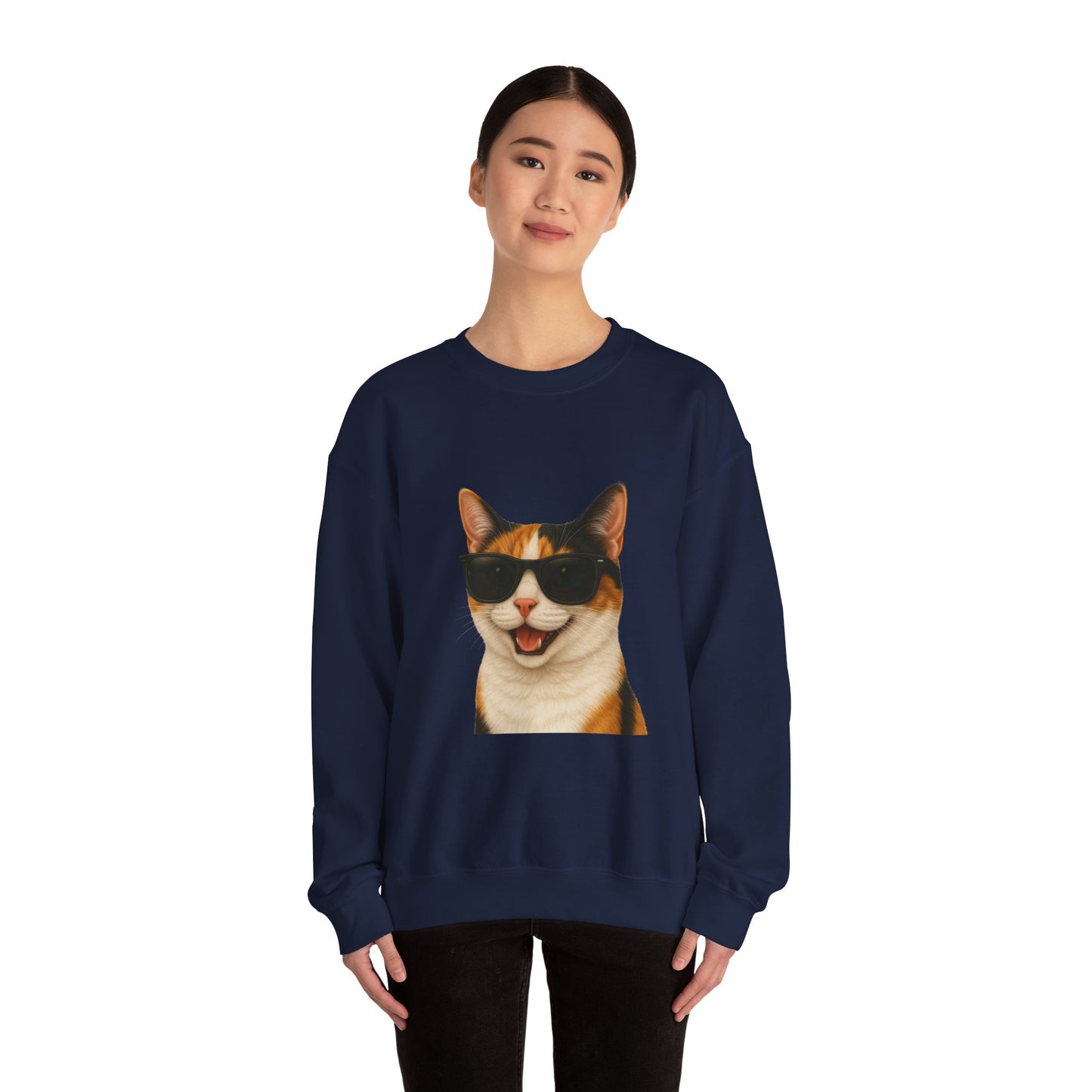Calico Shorthair Cat Wearing Sunglasses - Adult Crewneck Sweatshirt