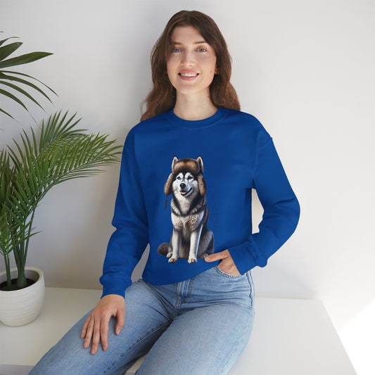 Husky in Fur Trappers Hat - Adult Crewneck Sweatshirt - Too Cute Pets