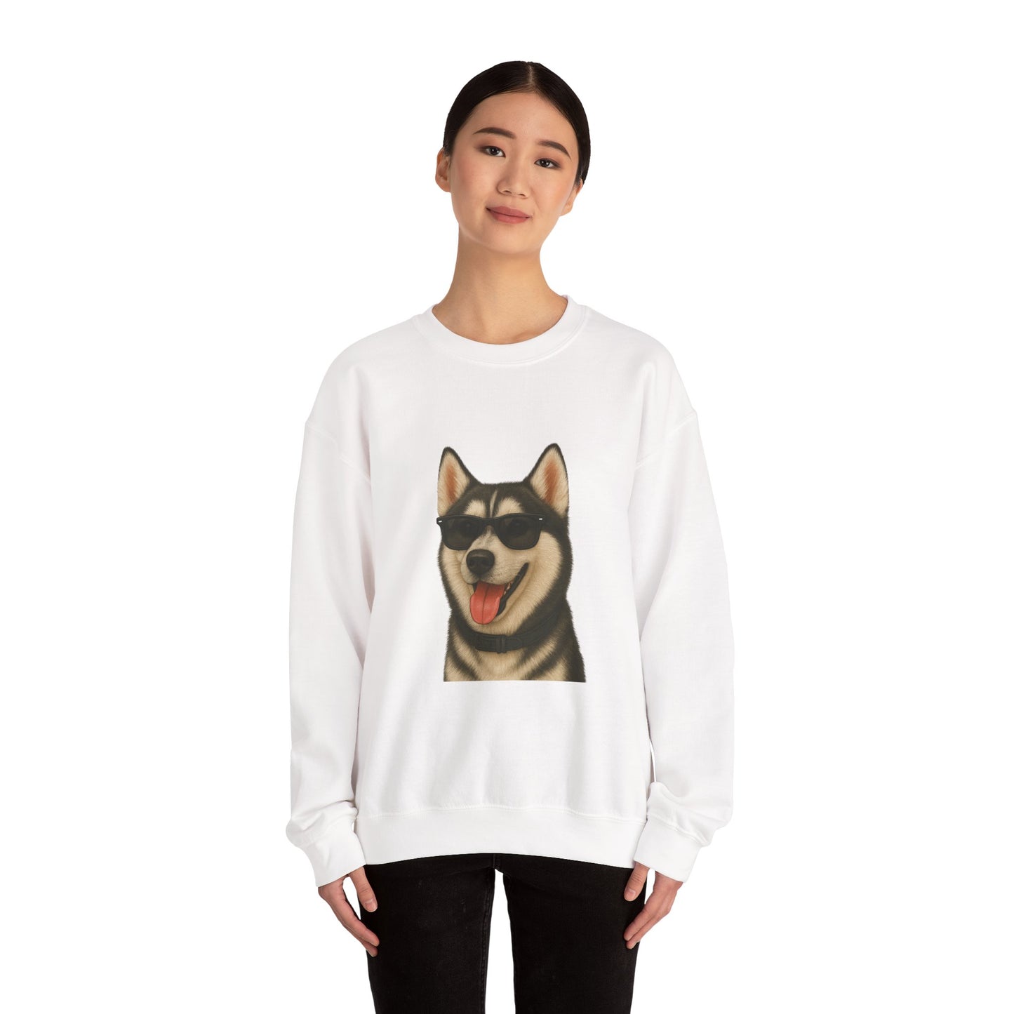 Siberian Husky Wearing Sunglasses - Adult Crewneck Sweatshirt