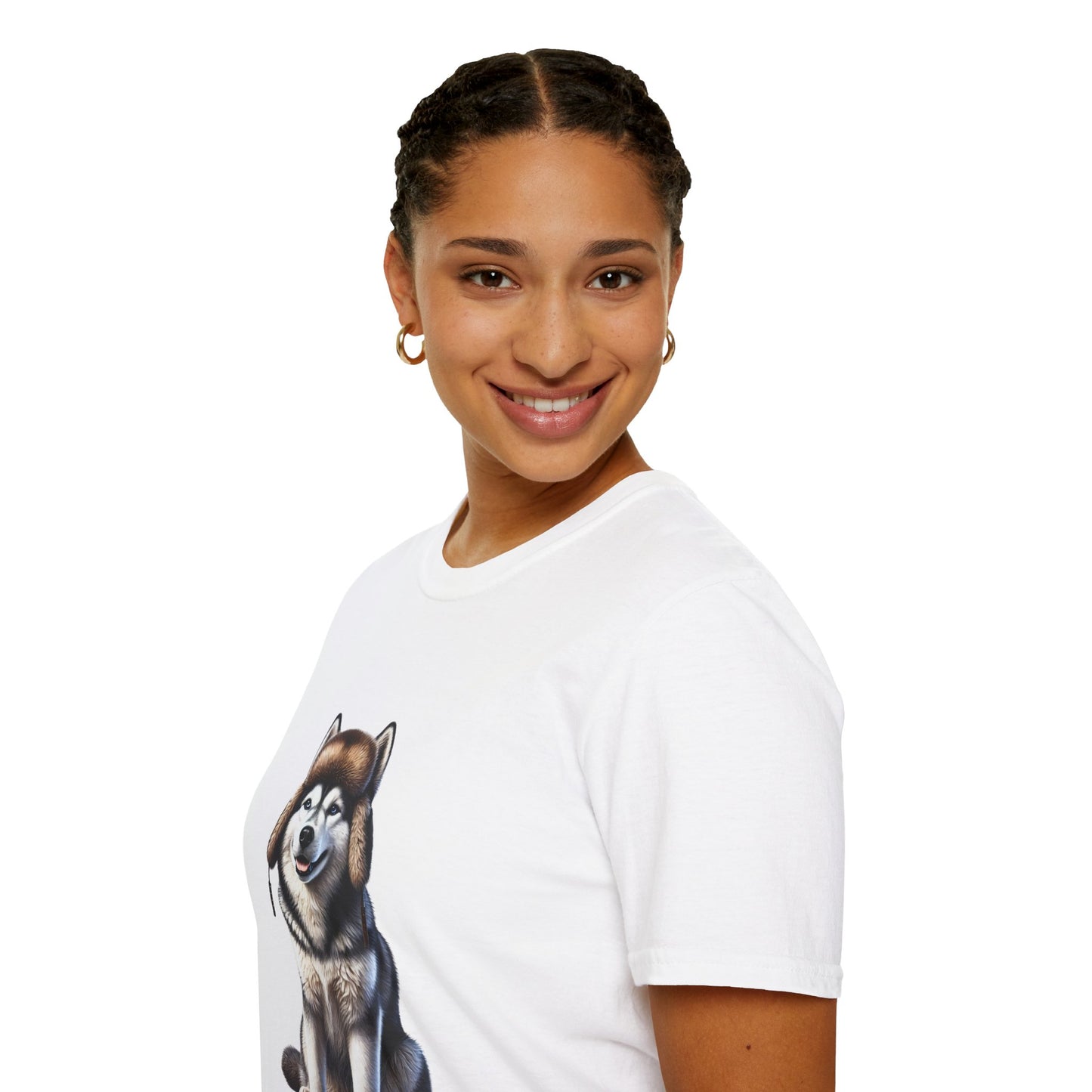 Husky Wearing A Fur Trappers hat- Adult T-Shirt - Too Cute Pets