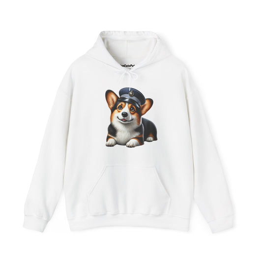 Cute Corgi Wearing A Train Conductors Hat - Adult Hoodie - Too Cute Pets