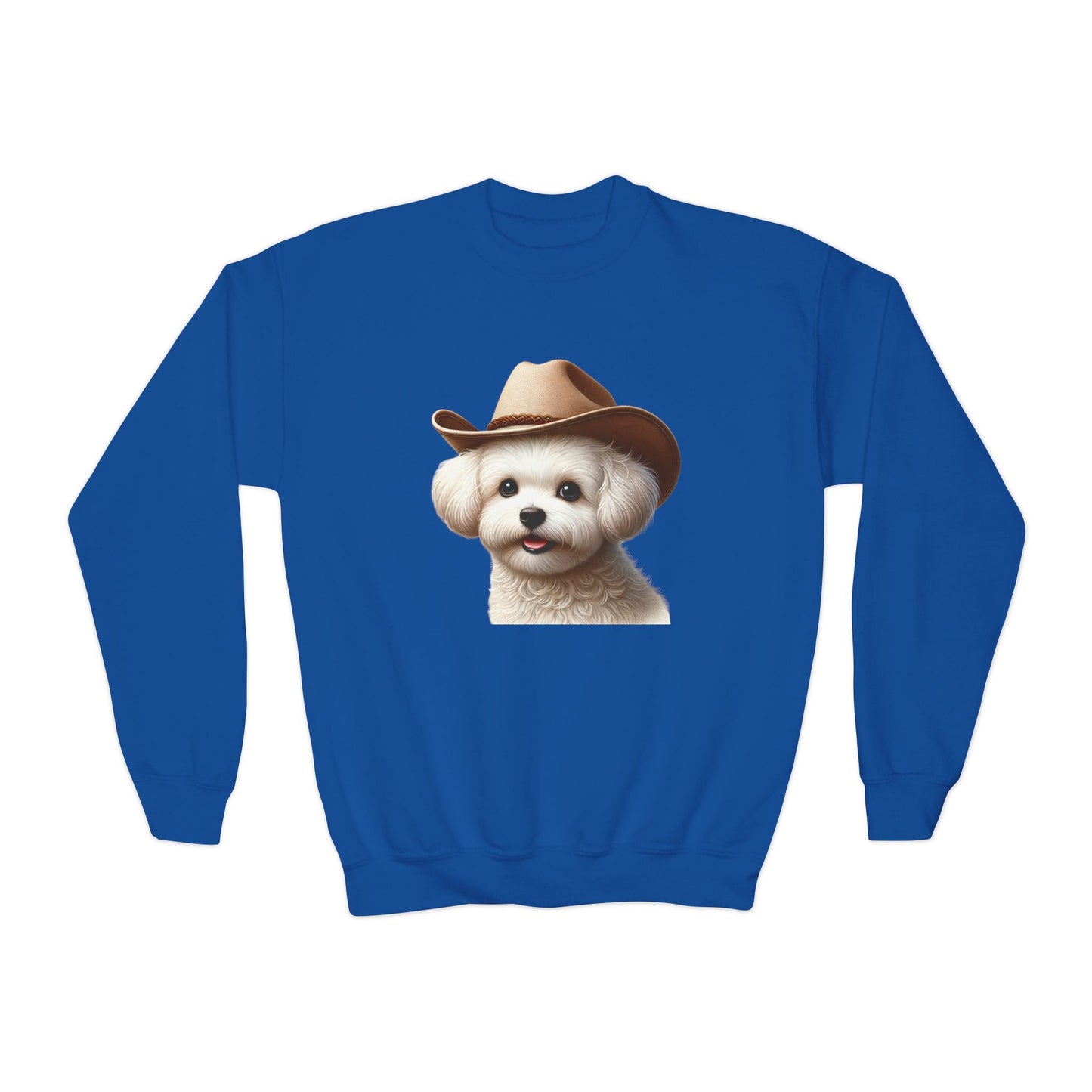 Maltese Wearing Cowboy Hat Youth Crewneck Sweatshirt - Too Cute Pets