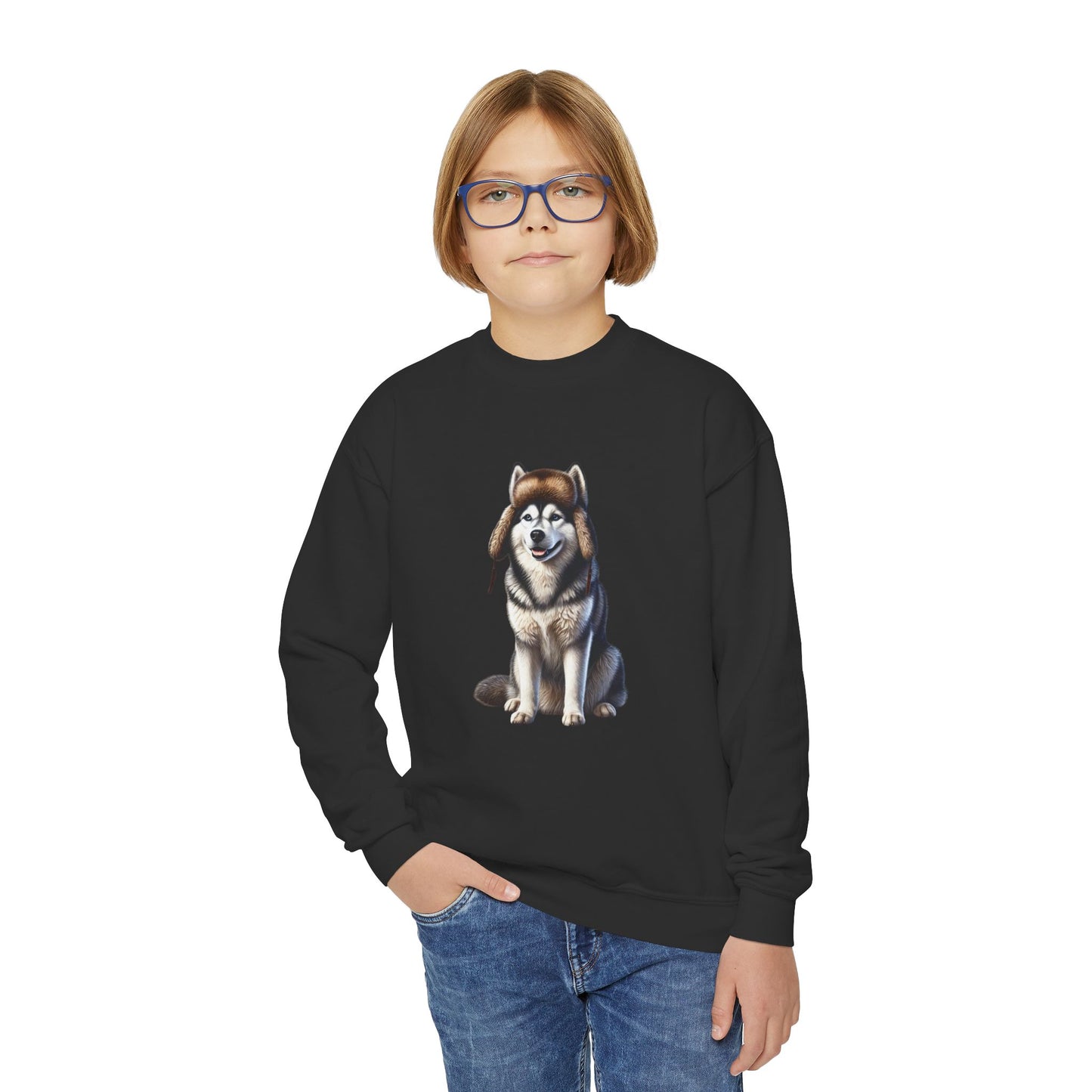 Husky Wearing Fur Trappers Hat Youth Sweatshirt - Too Cute Pets Collection