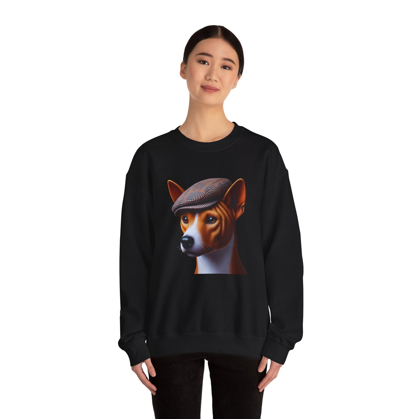 Basenji Wearing Tweed Flat Cap - Adult Crewneck Sweatshirt - Too Cute Pets