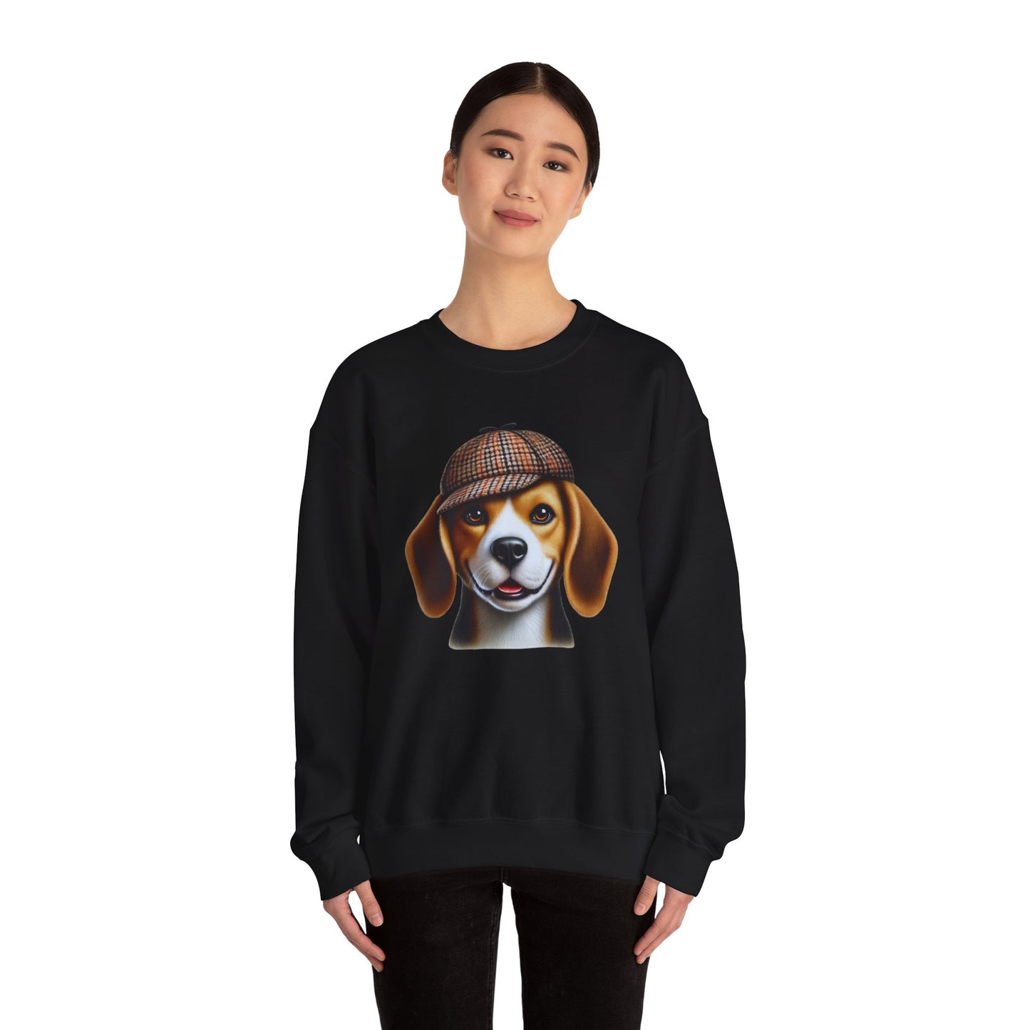 Smiling Beagle Wearing Deerstalker Hat - Adult Crewneck Sweatshirt - Too Cute Pets