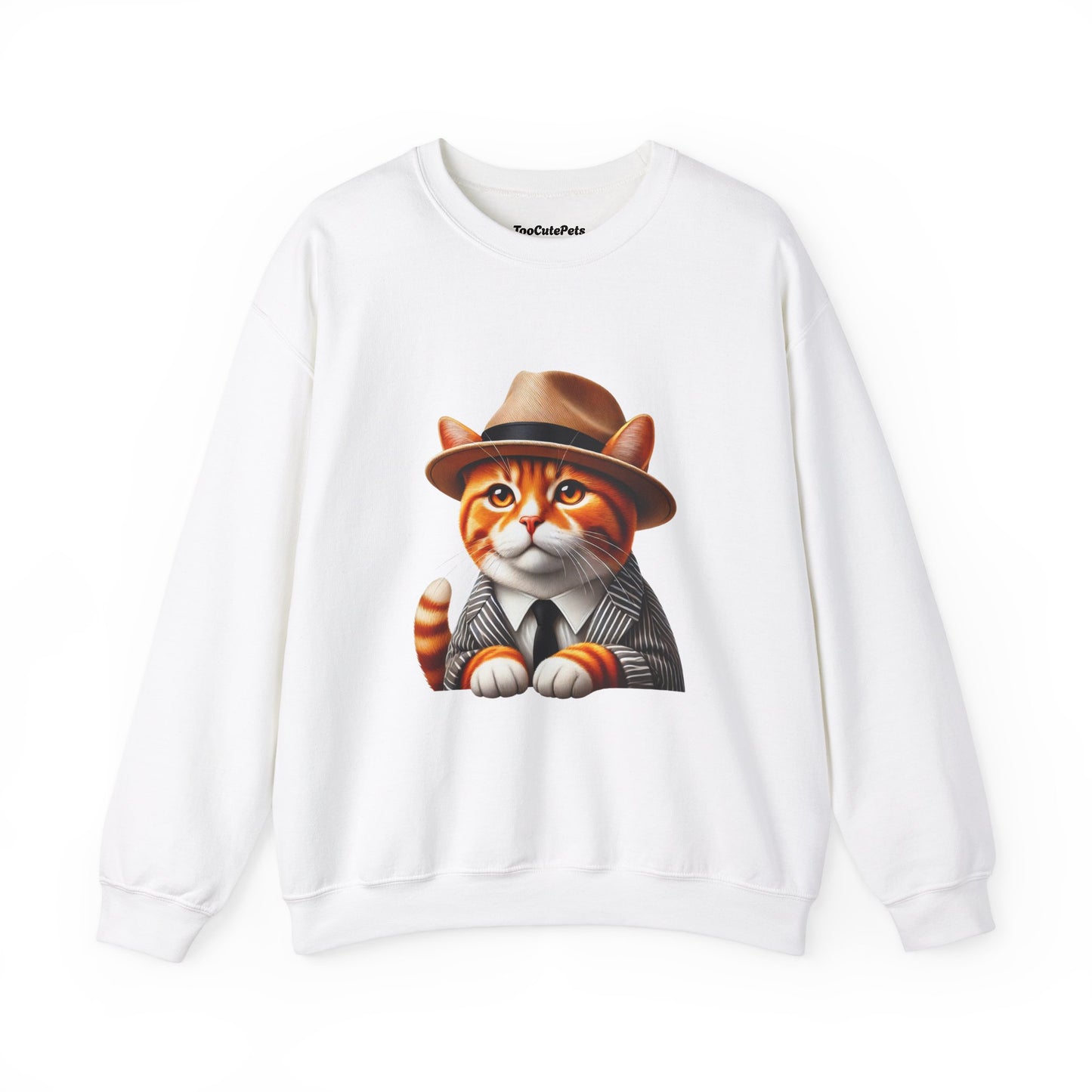 Tabby Cat Wearing A Fedora And Suit - Adult Crewneck Sweatshirt - Too Cute Pets