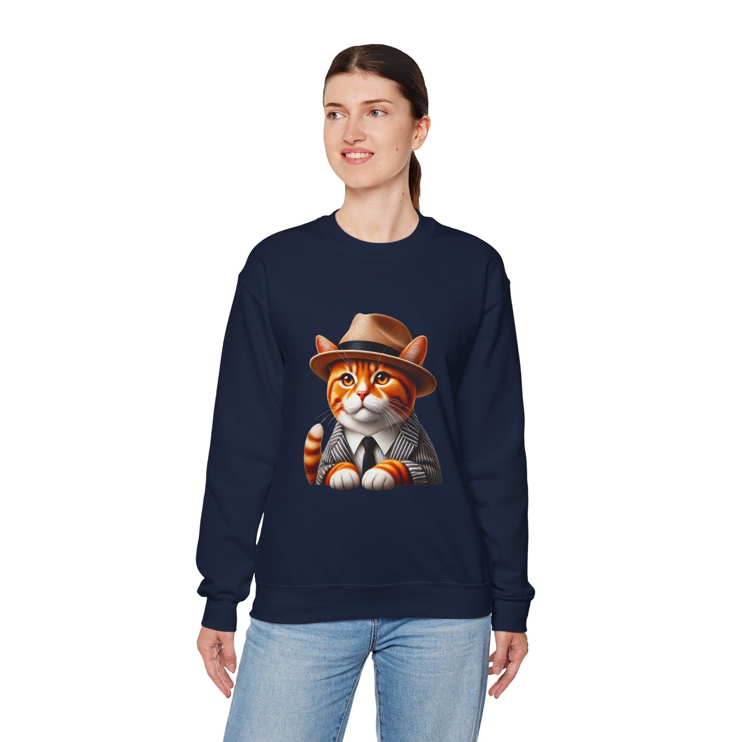 Tabby Cat in Fedora & Suit – Adult Unisex Crewneck Sweatshirt