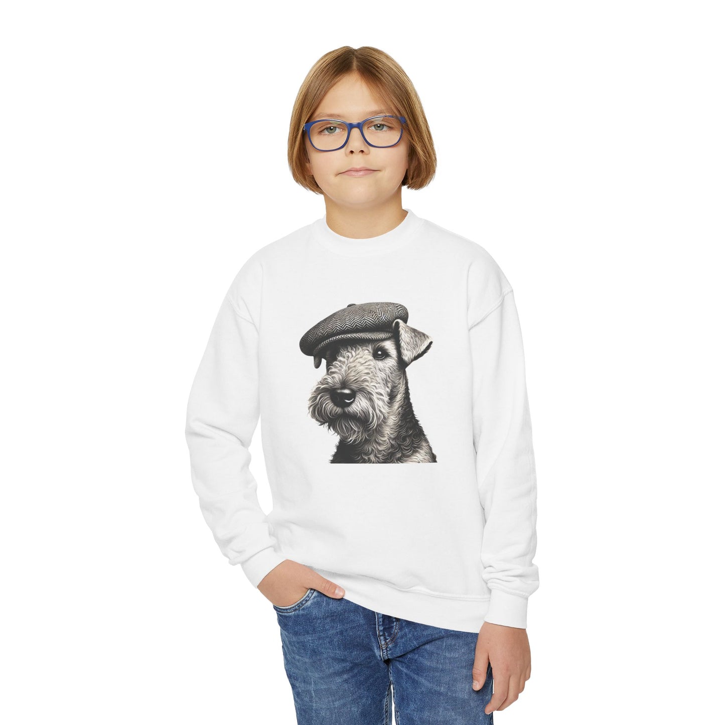 Aerdale Terrier Wearing Tweed Flat Cap (Black & White) Youth Crewneck Sweatshirt - Too Cute Pets