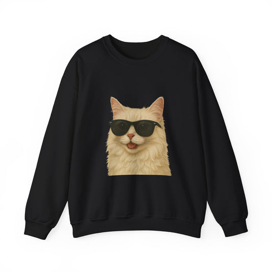 Cream Longhair Cat Wearing Sunglasses - Adult Crewneck Sweatshirt