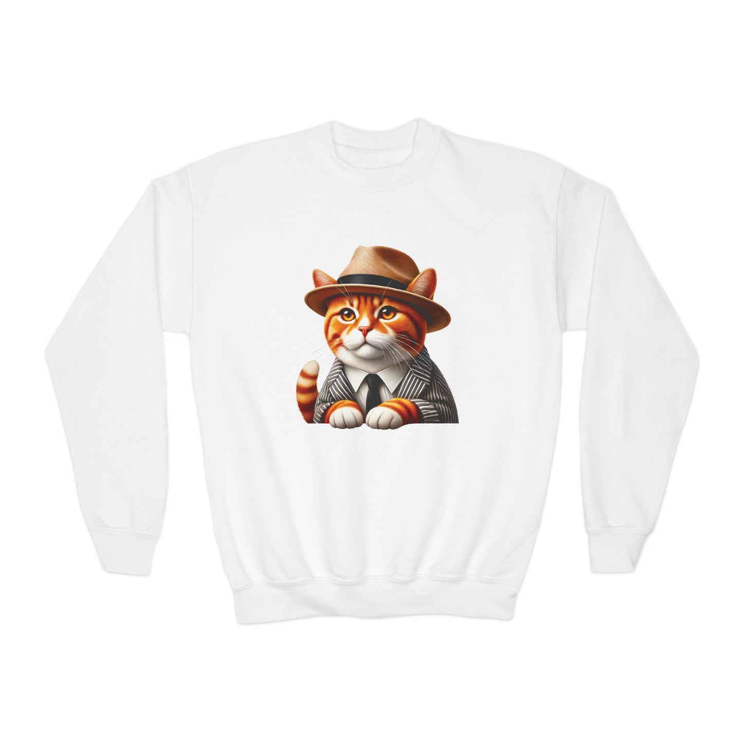 Tabby Cat Dressed In A Suit and Fedora Hat Youth Crewneck Sweatshirt - Too Cute Pets