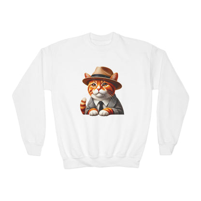 Tabby Cat Dressed In A Suit and Fedora Hat Youth Crewneck Sweatshirt - Too Cute Pets