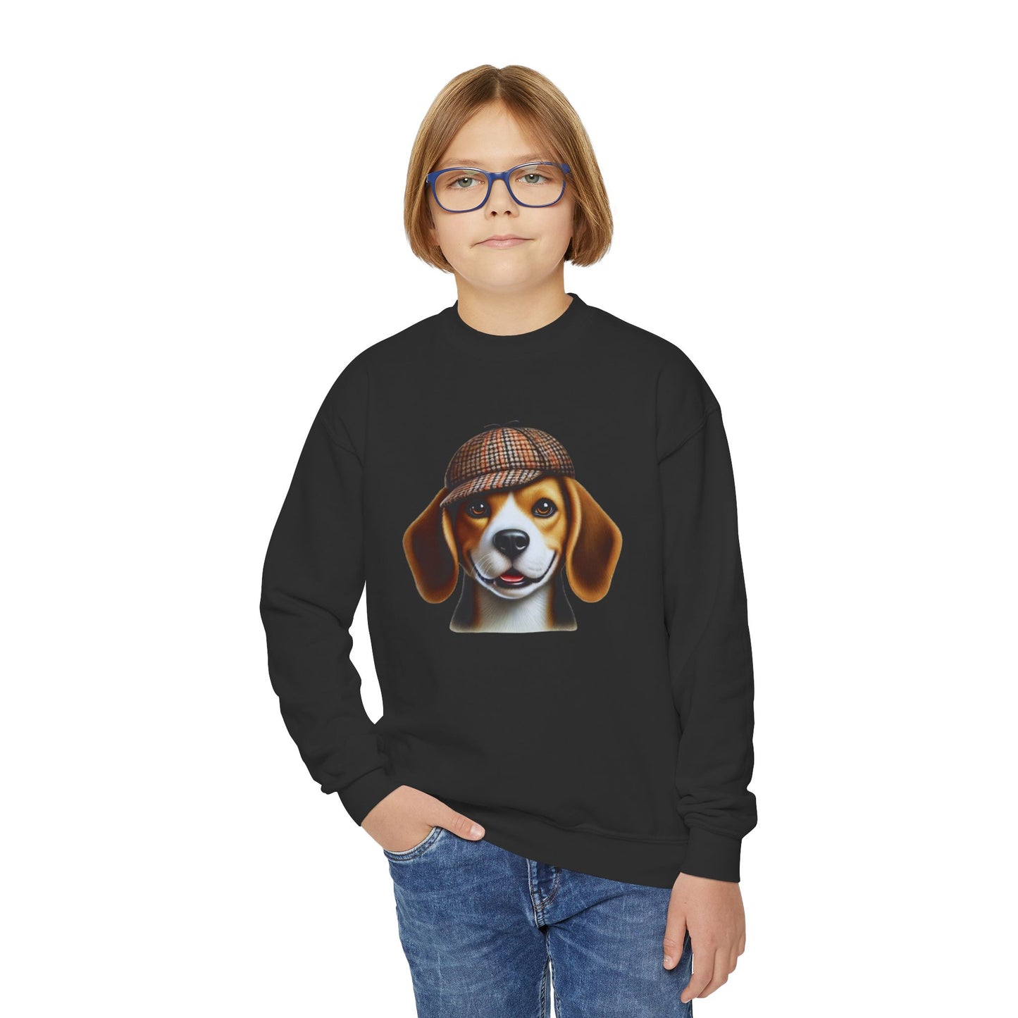 Beagle With Deerstalker Hat - Youth Crewneck Sweatshirt - Too Cute Pets