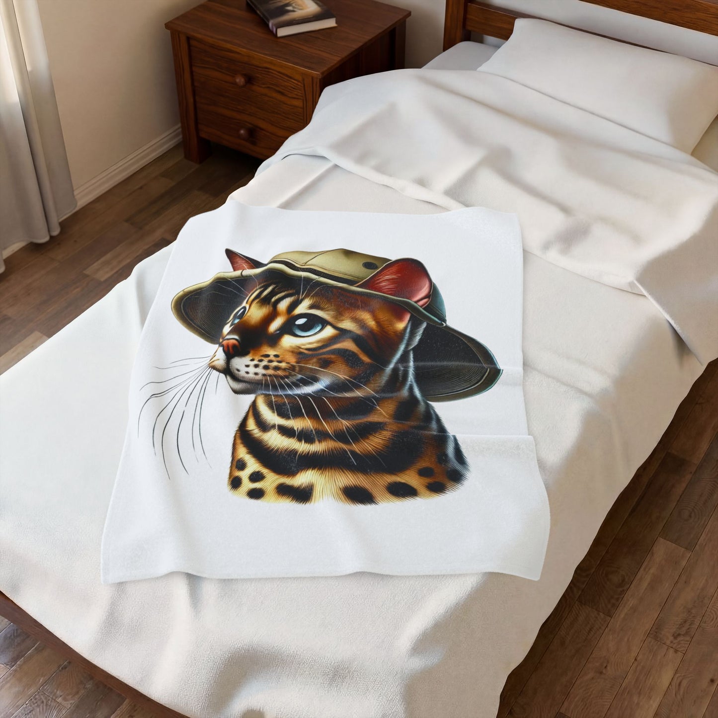 Bengal Cat Wearing a Safari Hat - Sherpa Blanket