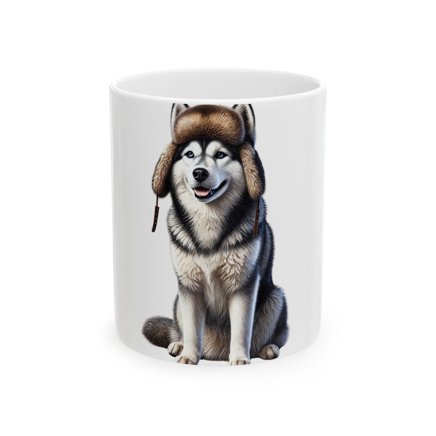 Husky Wearing a Fur Hunter Hat - Ceramic Mug