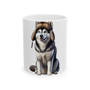 Husky Wearing a Fur Hunter Hat - Ceramic Mug