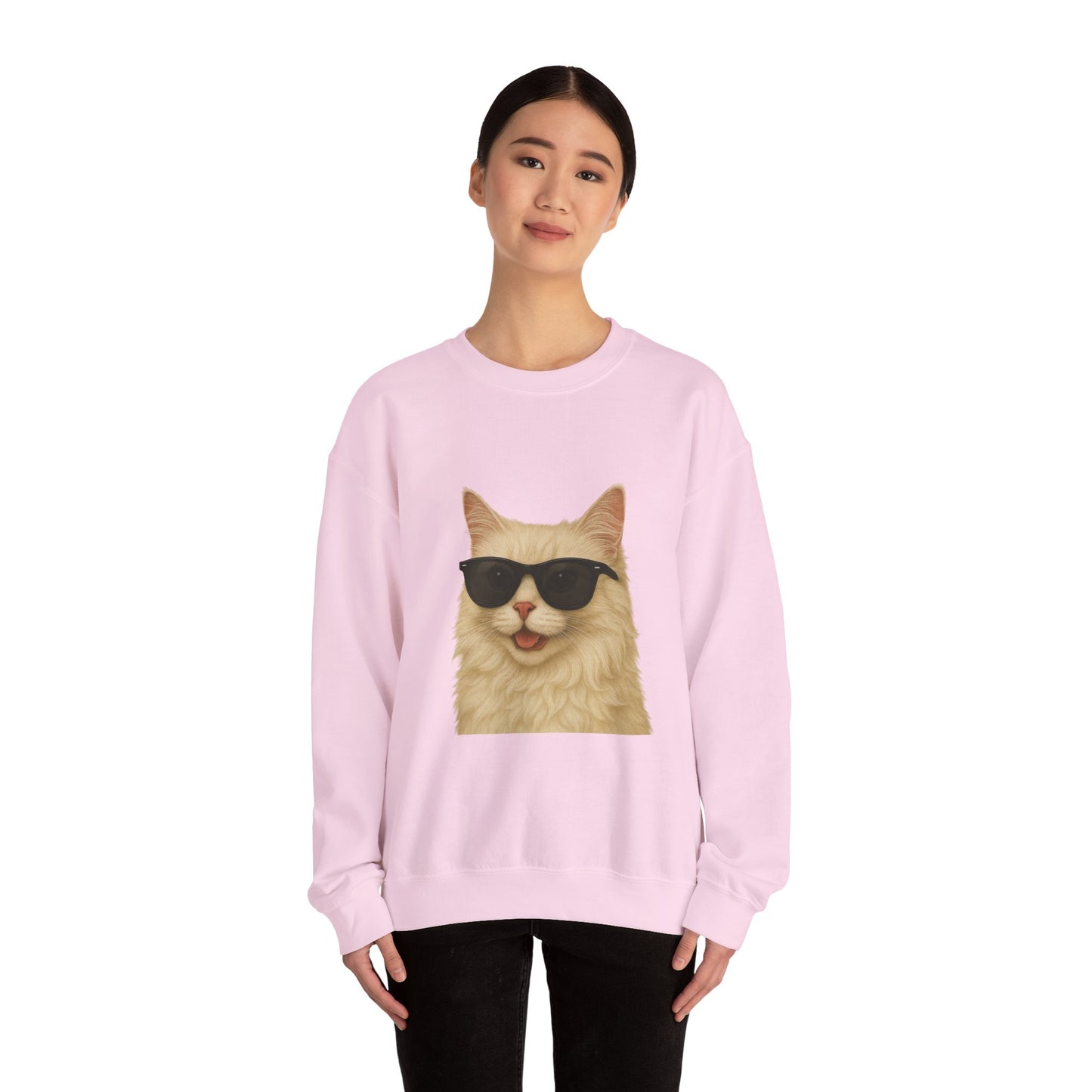 Cream Longhair Cat Wearing Sunglasses - Adult Crewneck Sweatshirt