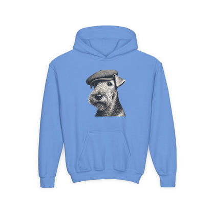 Airedale Terrier Wearing Tweed Flat Cap (Black and White)-  Youth Hoodie - Too Cute Pets