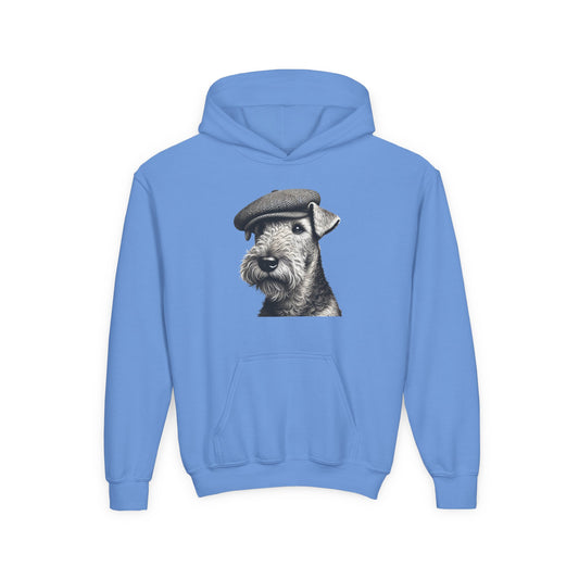 Airedale Terrier Wearing Tweed Flat Cap (Black and White)-  Youth Hoodie - Too Cute Pets