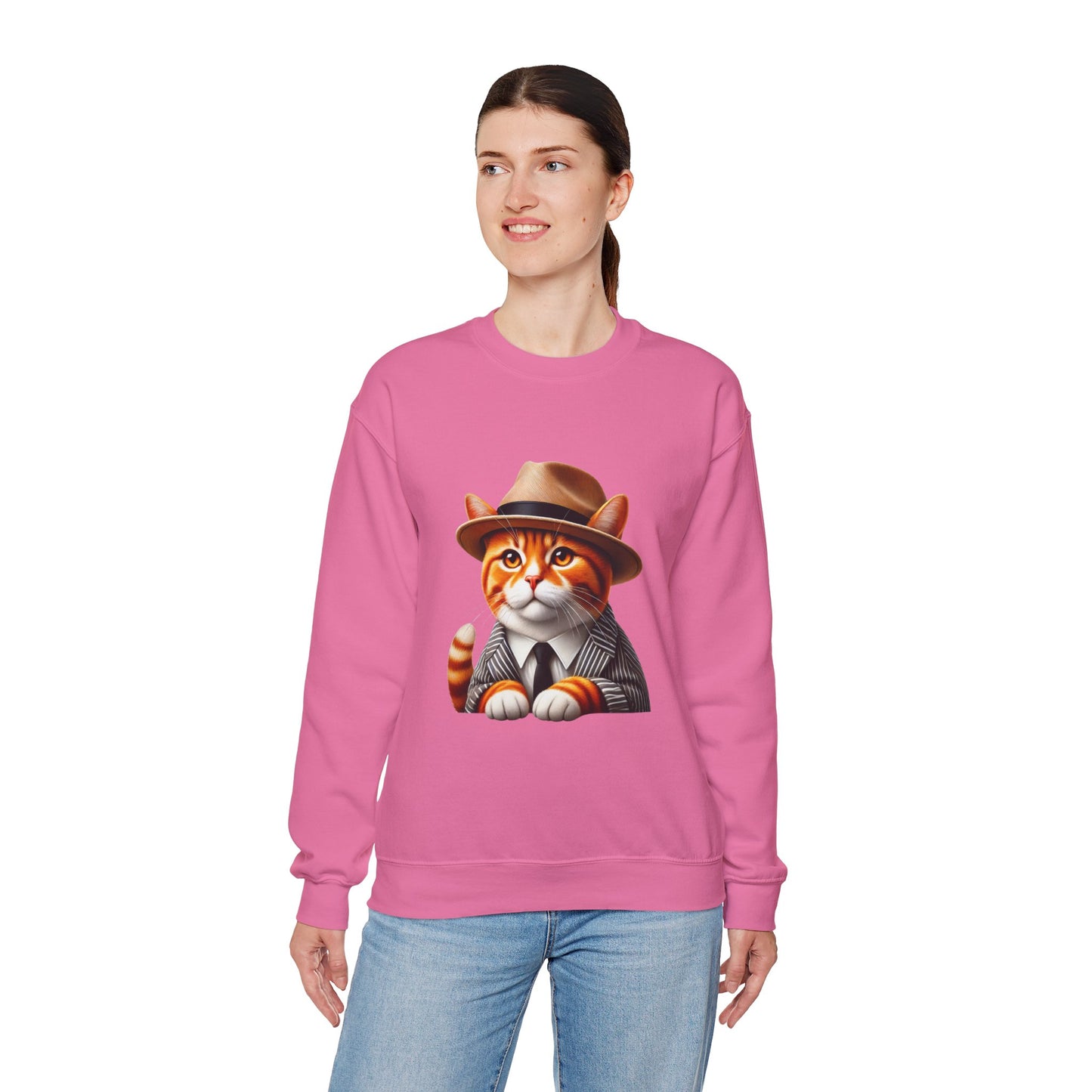 Tabby Cat Wearing A Fedora And Suit - Adult Crewneck Sweatshirt - Too Cute Pets