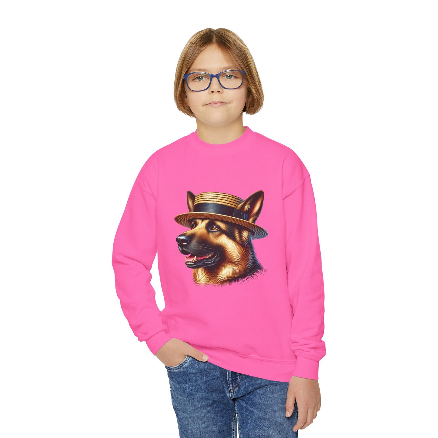 German Shepherd With Boater Hat - Youth Crewneck Sweatshirt - Too Cute Pets