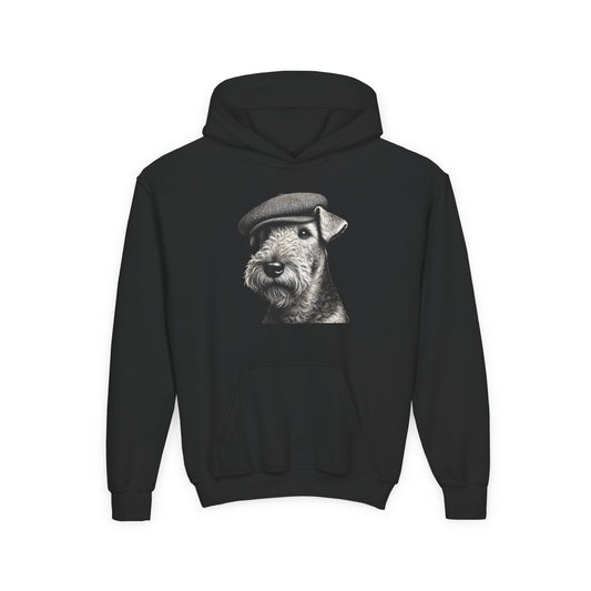 Airedale Terrier Wearing Tweed Flat Cap (Black and White)-  Youth Hoodie - Too Cute Pets