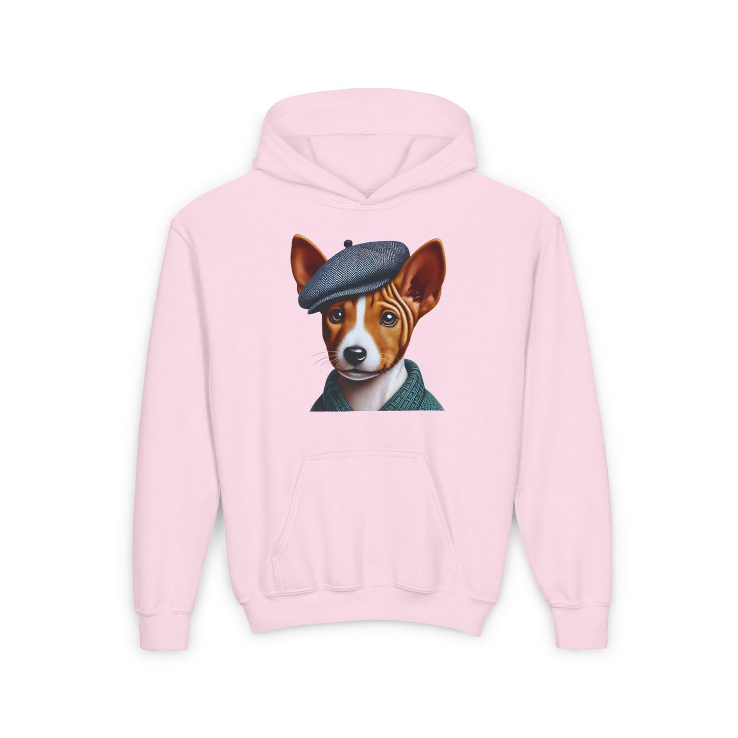 Basenji Pup With Tweed Flat Cap Youth Hooded Sweatshirt - Too Cute Pets