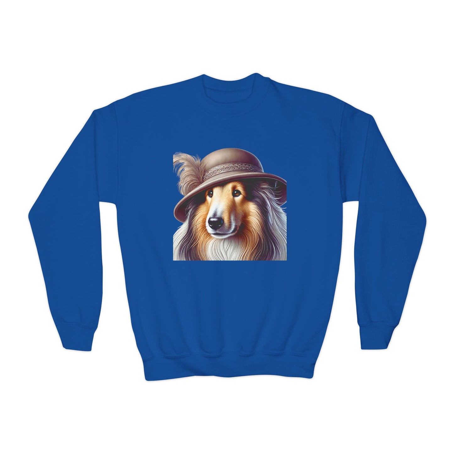 Collie In Cloche Hat- Youth Crewneck Sweatshirt - Too Cute Pets