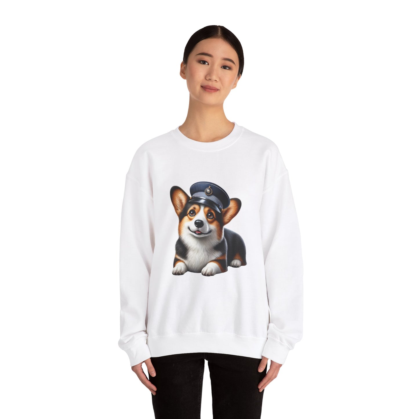 Cute Corgi Wearing A Train Conductors Hat- Adult Crewneck Sweatshirt - Too Cute Pets