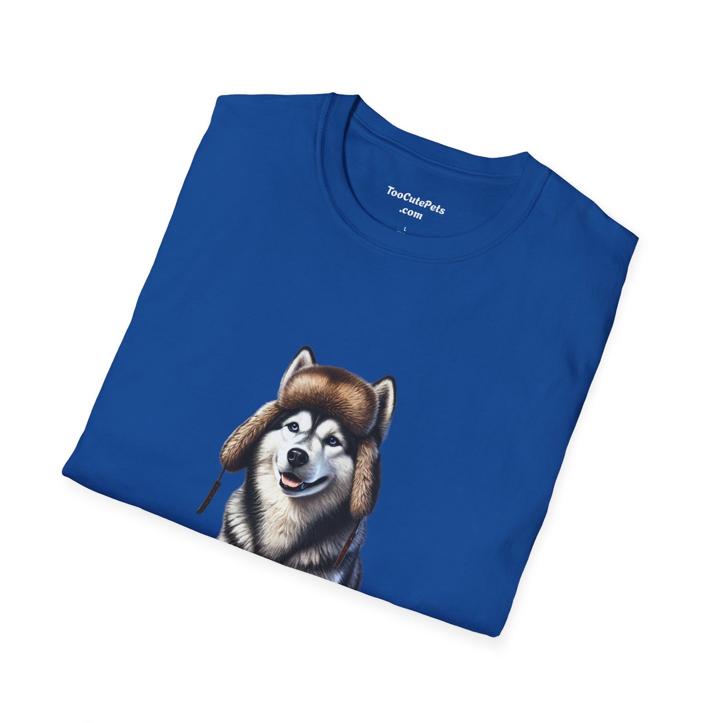 Husky Wearing A Fur Trappers hat- Adult T-Shirt - Too Cute Pets