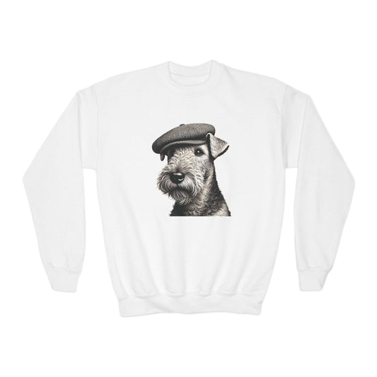 Aerdale Terrier Wearing Tweed Flat Cap (Black & White) Youth Crewneck Sweatshirt - Too Cute Pets