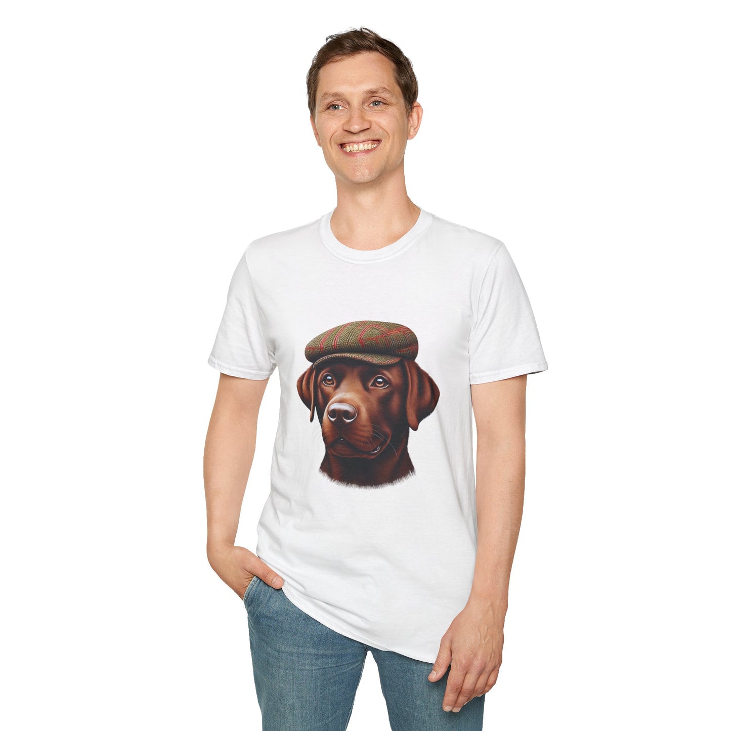 Brown Labrador Wearing Tweed Flat Cap - Adult T-Shirt - Too Cute Pets